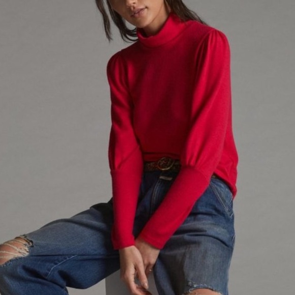 Anthropologie Puff-Sleeved Turtleneck Top Fuchsia Pink NWT - Picture 3 of 8